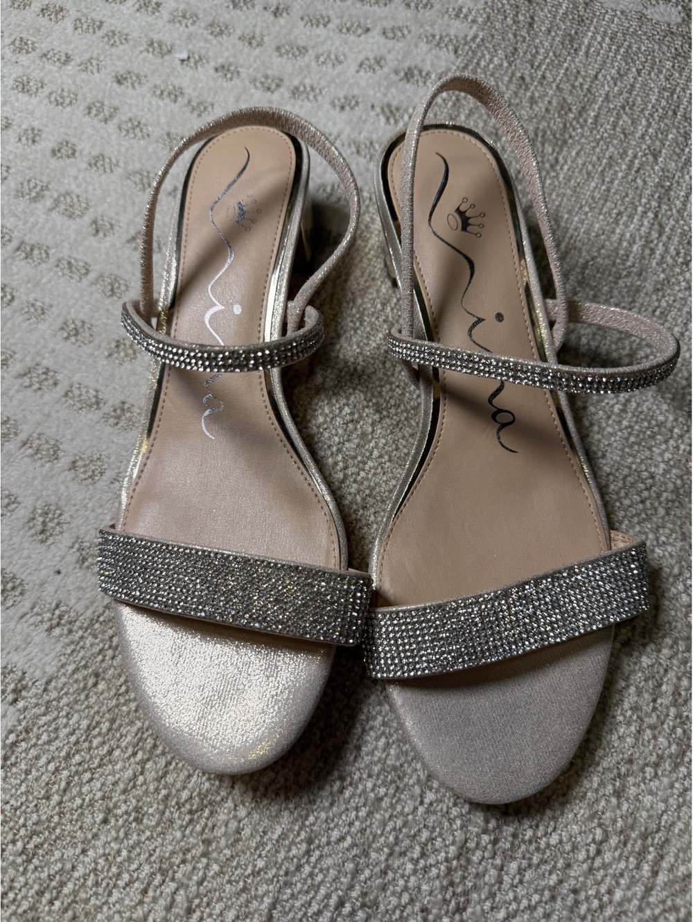 Nina Women's Dress Sandals with Rhinestone Straps and Metallic Block Heel